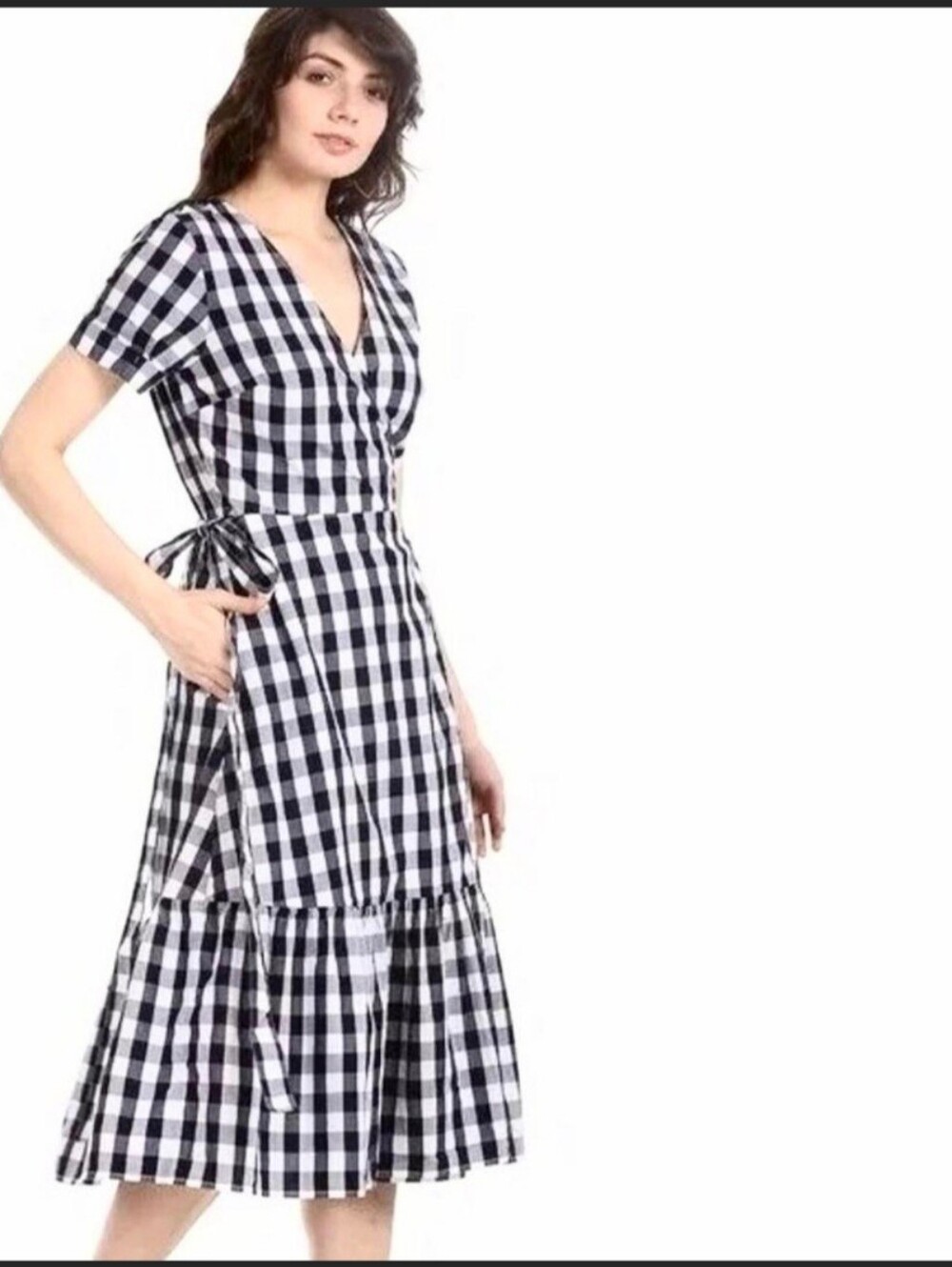 GAP Black and White Gingham Midi Wrap Dress, Y2K, Babydoll, Picnic